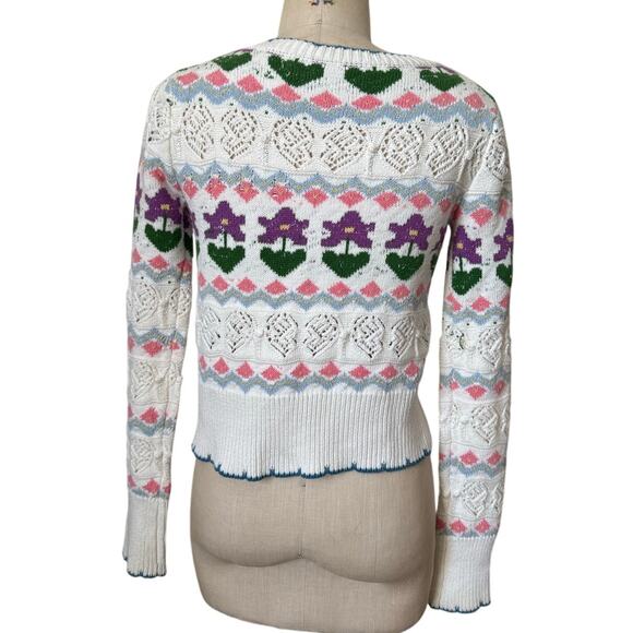 Women's V-Neck Pastel Flower Knit White Cardigan Size Medium - Picture 4 of 5